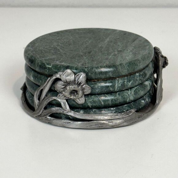 Vintage Seagull Marble 4 Coaster Set in Pewter Caddy 1992 - Picture 1 of 7